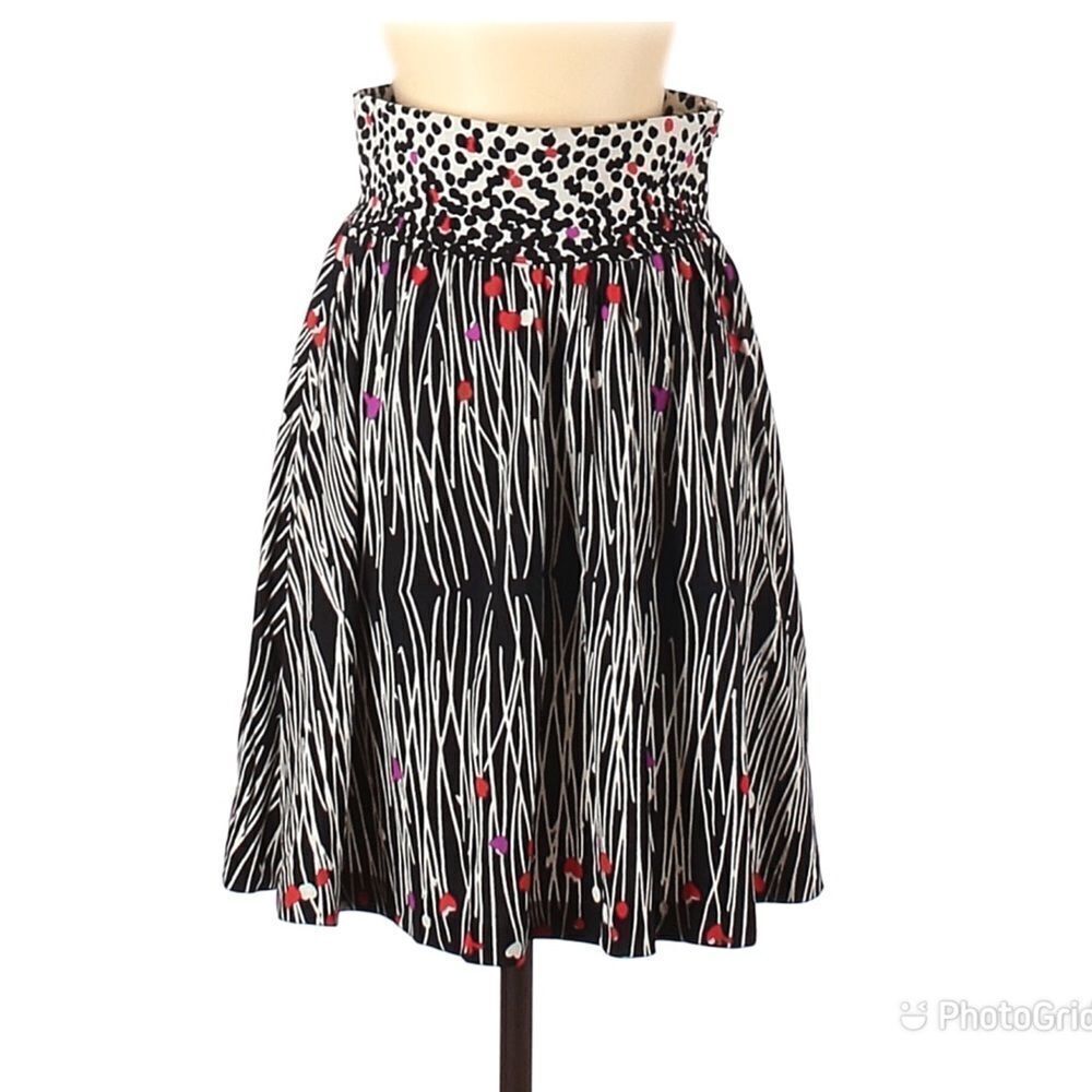 TIBI Abstract Print Full Skirt Jersey Knit Polka Dot Stripe Black Cream Short XS